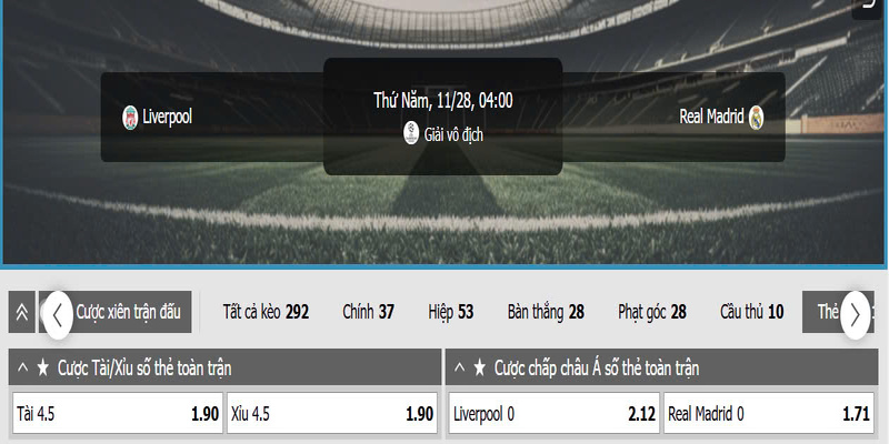 Bảng tỷ lệ cược kèo thẻ phạt chi tiết trên hệ thống